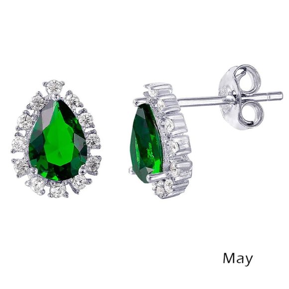 Sterling Silver 925 Rhodium Plated Teardrop Halo CZ Birthstone Earrings May